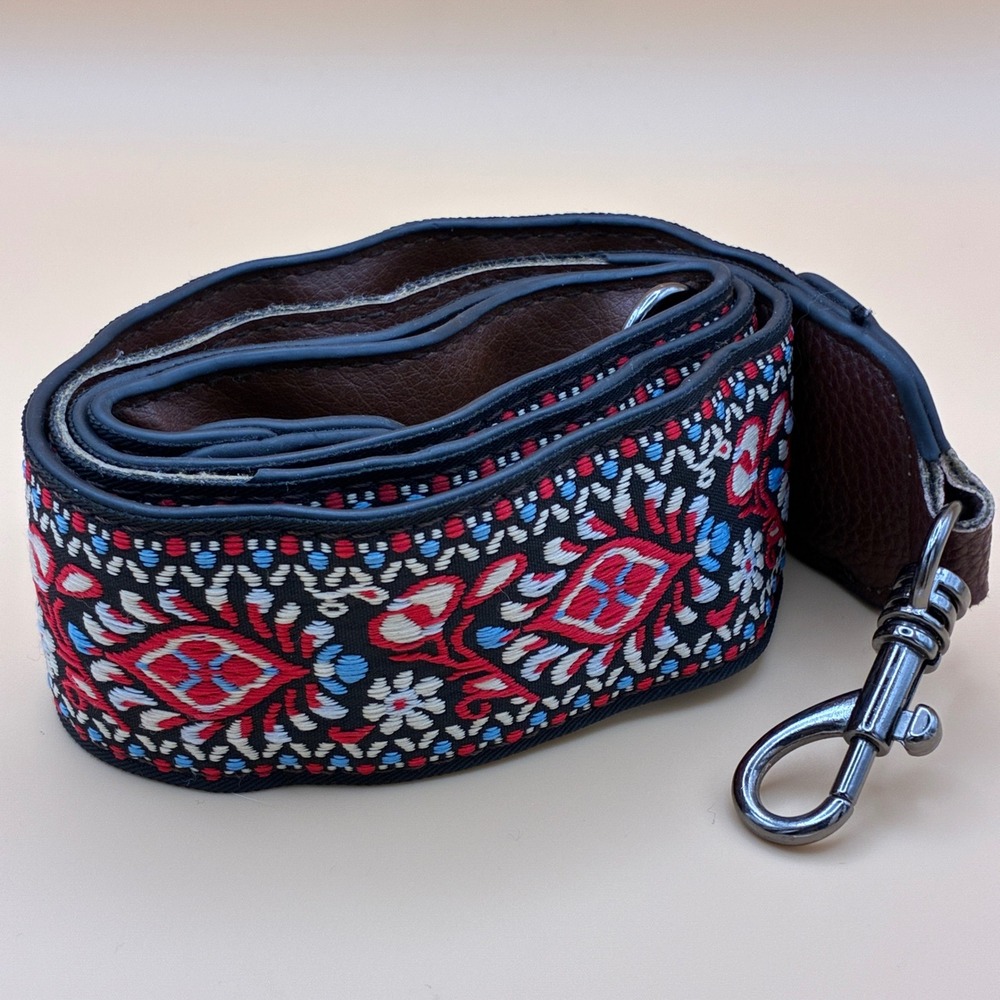 Unbranded Guitar Strap OS Faux Leather Brown Boho Embroidered Floral